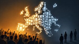 A map of Europe made of phone screens, with one side glowing brightly as a crowd gathers and the other side dim.