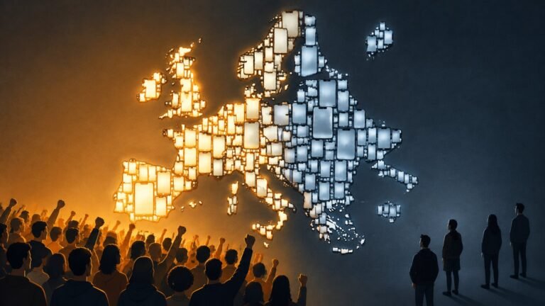 A map of Europe made of phone screens, with one side glowing brightly as a crowd gathers and the other side dim.