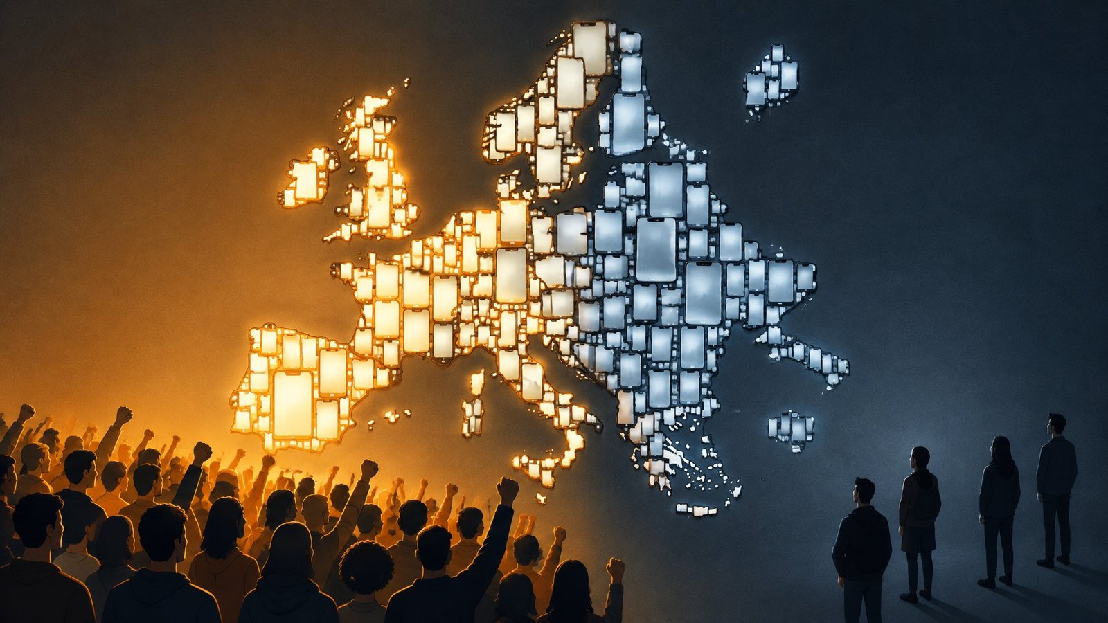 A map of Europe made of phone screens, with one side glowing brightly as a crowd gathers and the other side dim.