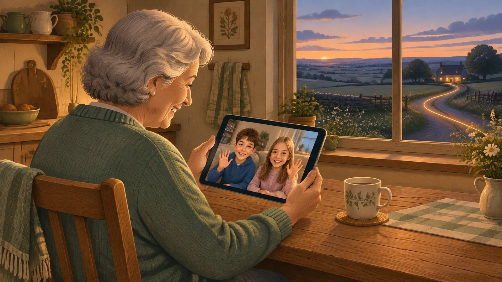 Illustration of an older woman in a rural farmhouse smiling during a video call with her grandchildren on a tablet.