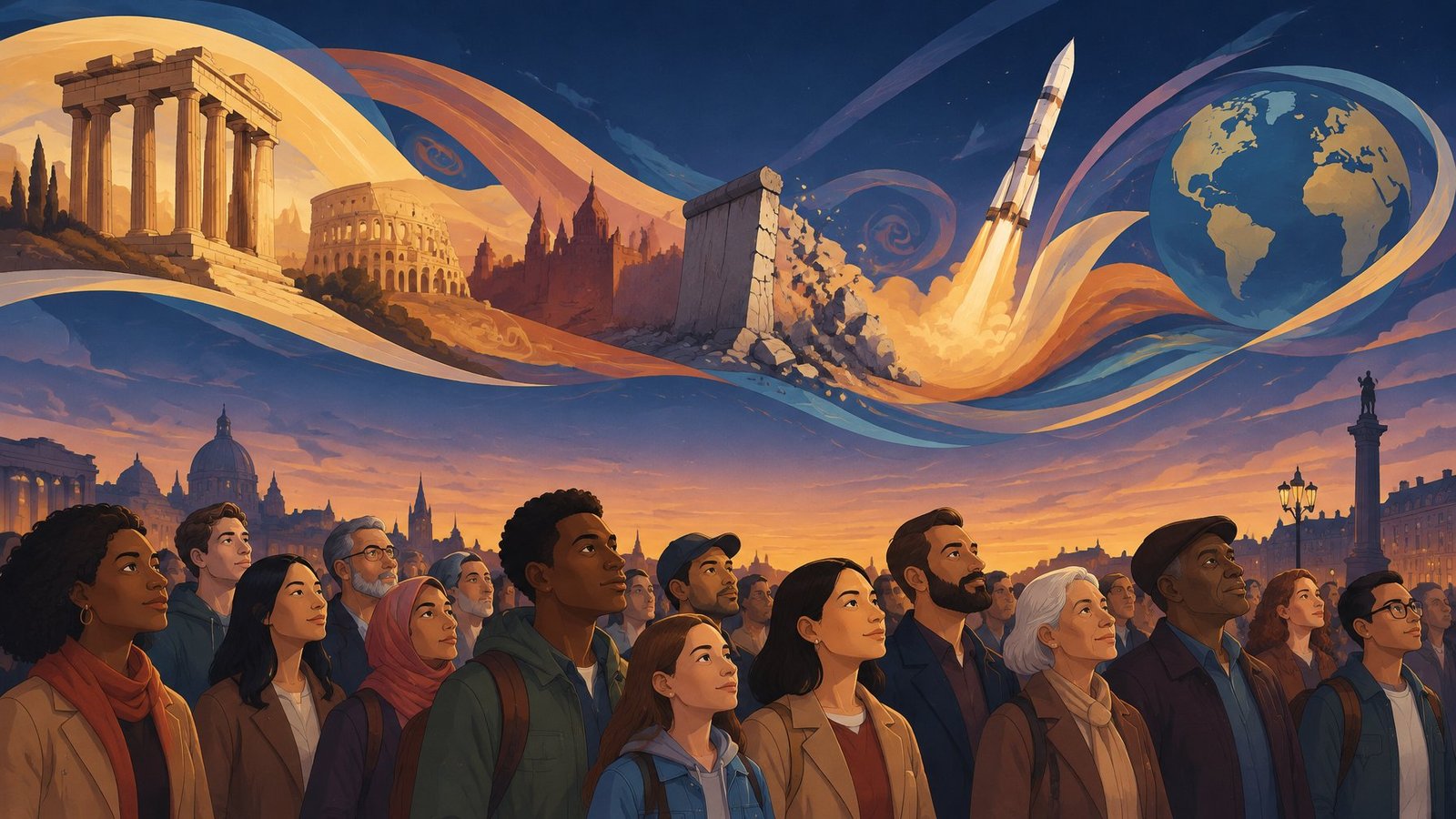 A crowd of people looking up at a sky filled with flowing images from history.
