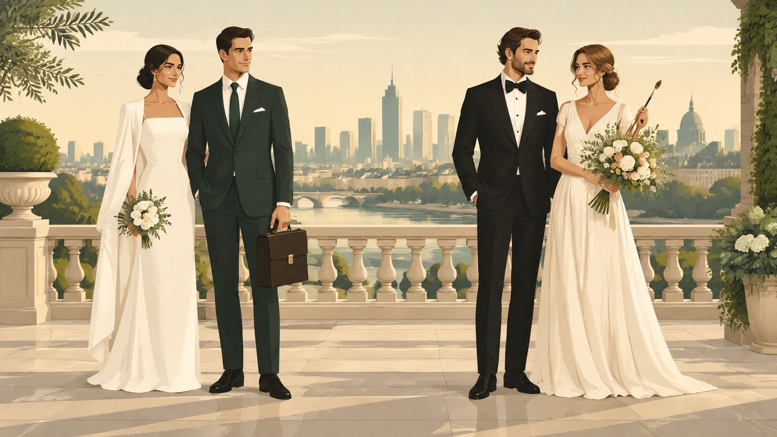 Two wealthy couples on a terrace: a businesswoman with a suited husband, and a businessman with an artistic wife.