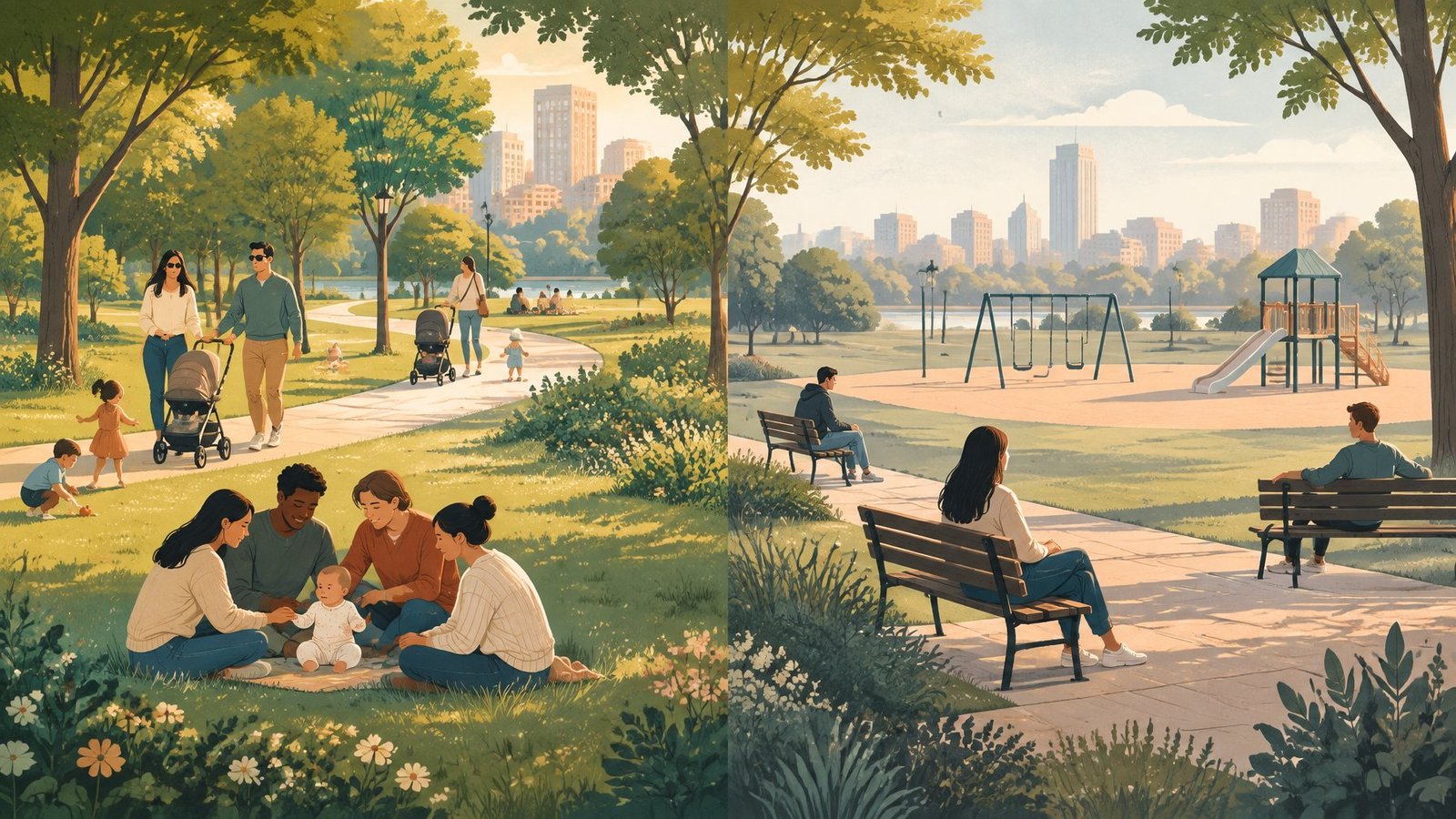 Illustration of a park with families and babies on one side and young adults beside an empty playground on the other.