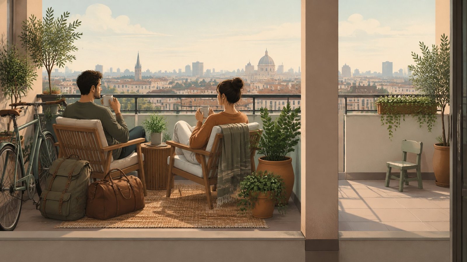 Illustration of a young couple relaxing on a city balcony next to an empty balcony with a small unused child's chair.