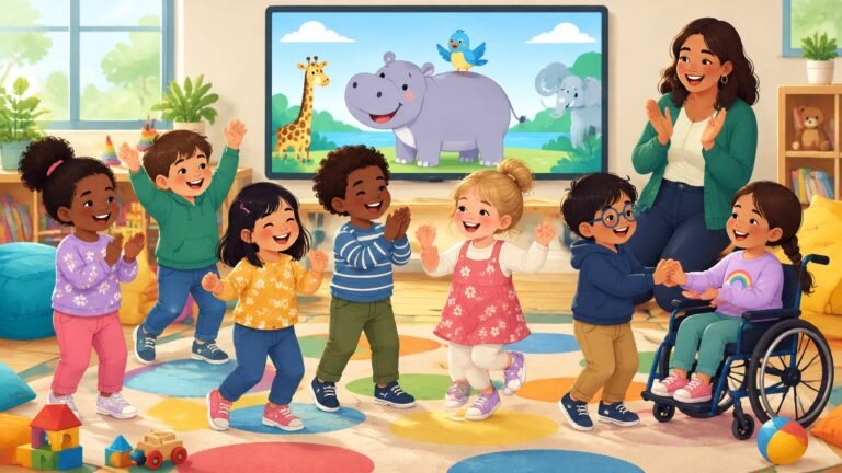 Preschool children dance in front of a screen showing a cartoon hippo and bird while their teacher claps along.