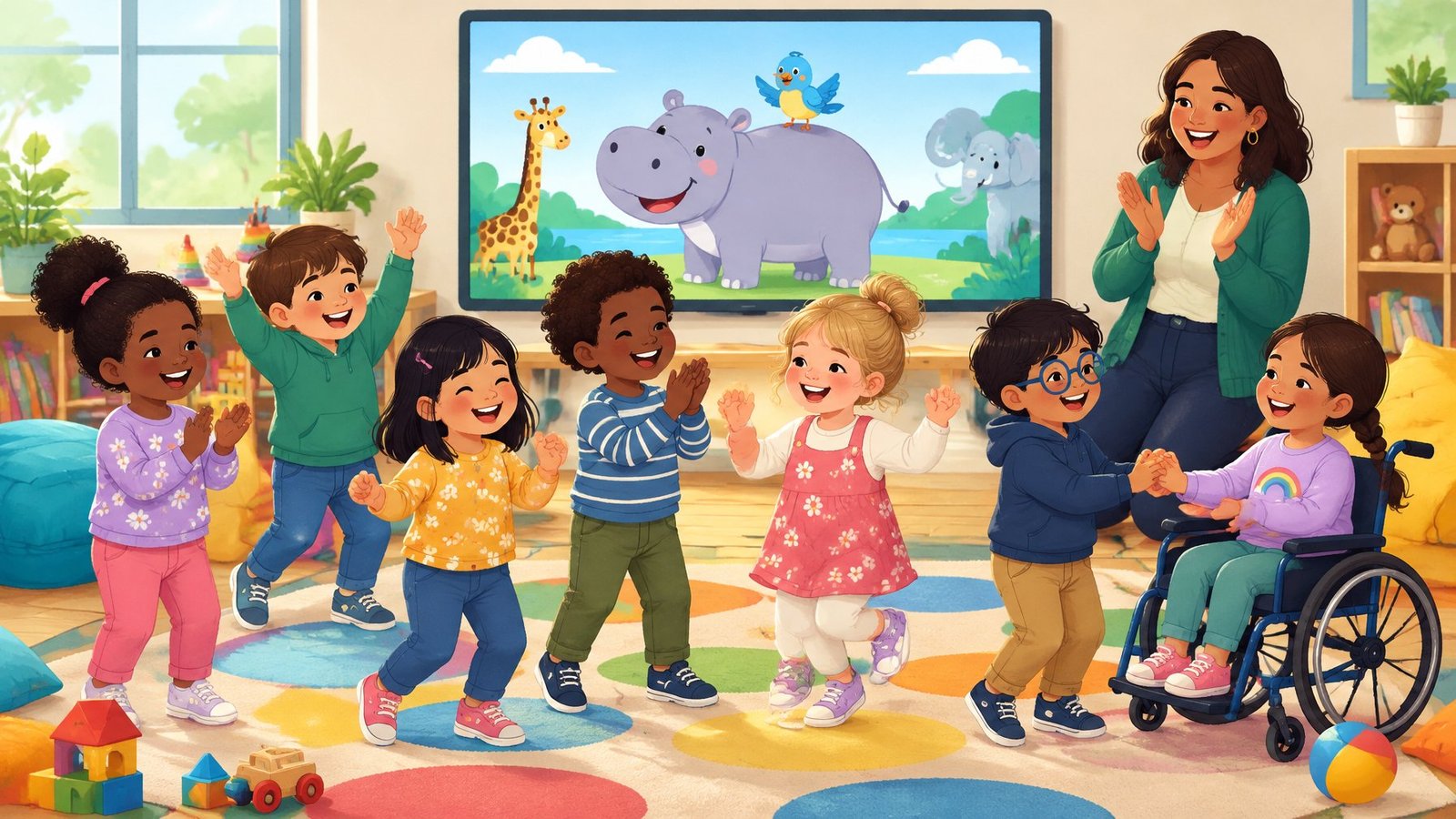 Preschool children dance in front of a screen showing a cartoon hippo and bird while their teacher claps along.