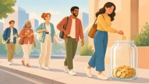 Illustration of a line of people each dropping a coin into a donation jar, linked by a glowing trail.