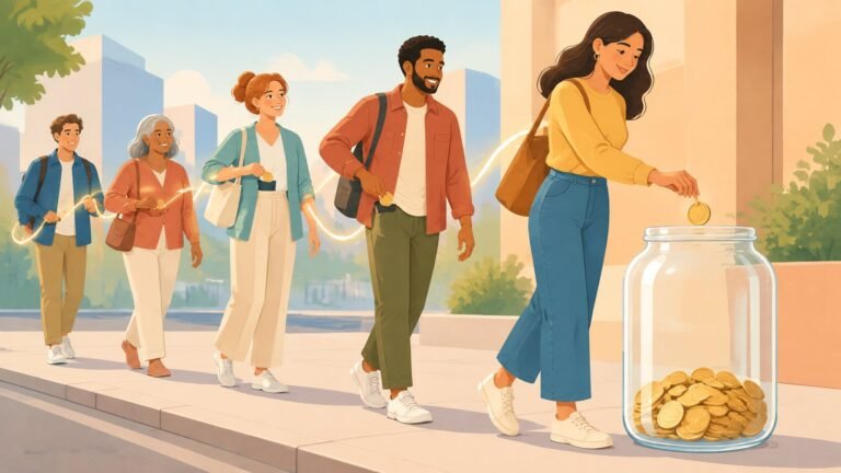 Illustration of a line of people each dropping a coin into a donation jar, linked by a glowing trail.