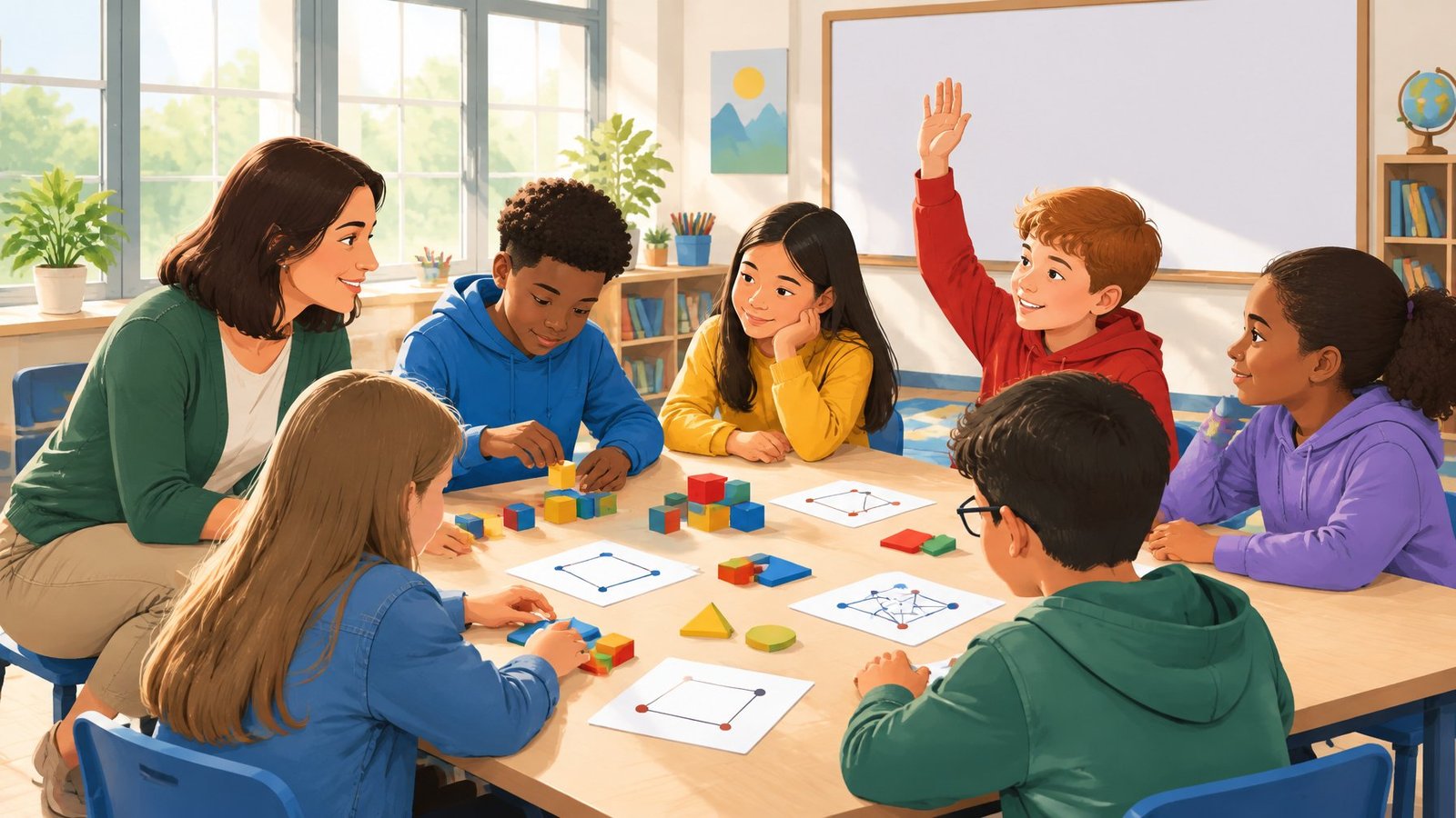 A fourth grade teacher works through a problem with a group of engaged children using blocks and drawings.