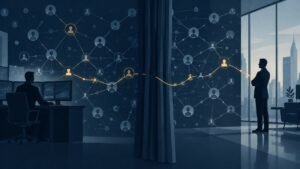 Illustration of a fund manager and a corporate executive secretly connected by a glowing thread through a social network web.