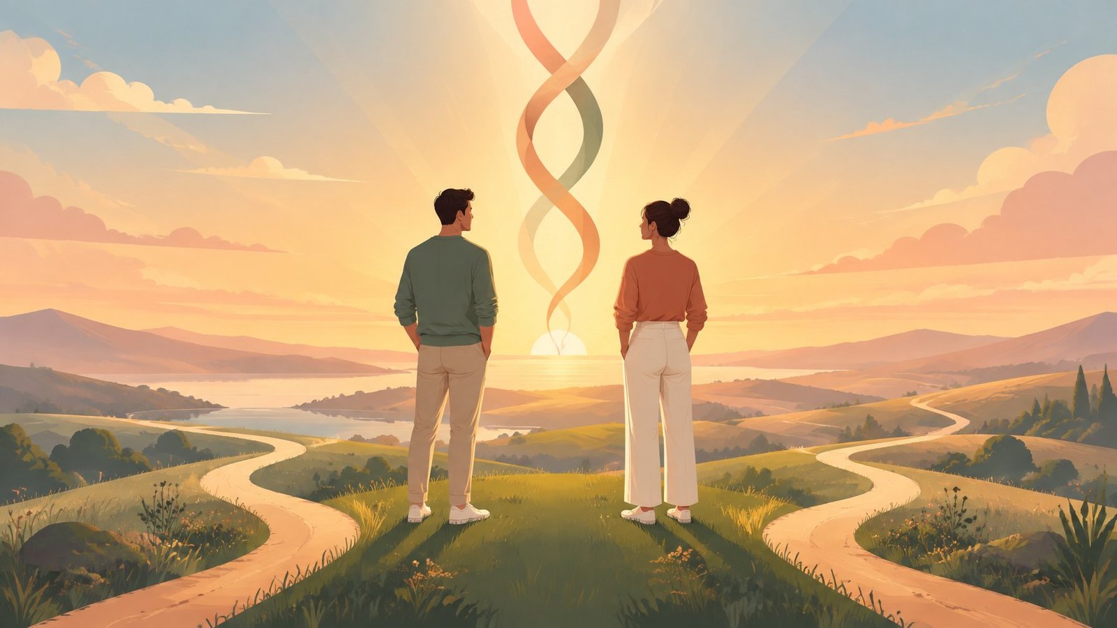Adult twins looking toward a sunrise with a DNA ribbon between them.