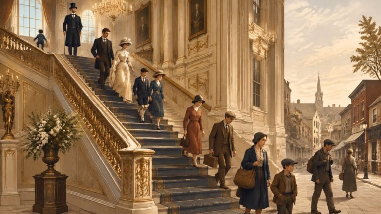 A Gilded Age gentleman at the top of a grand staircase while his descendants walk down into an ordinary street.