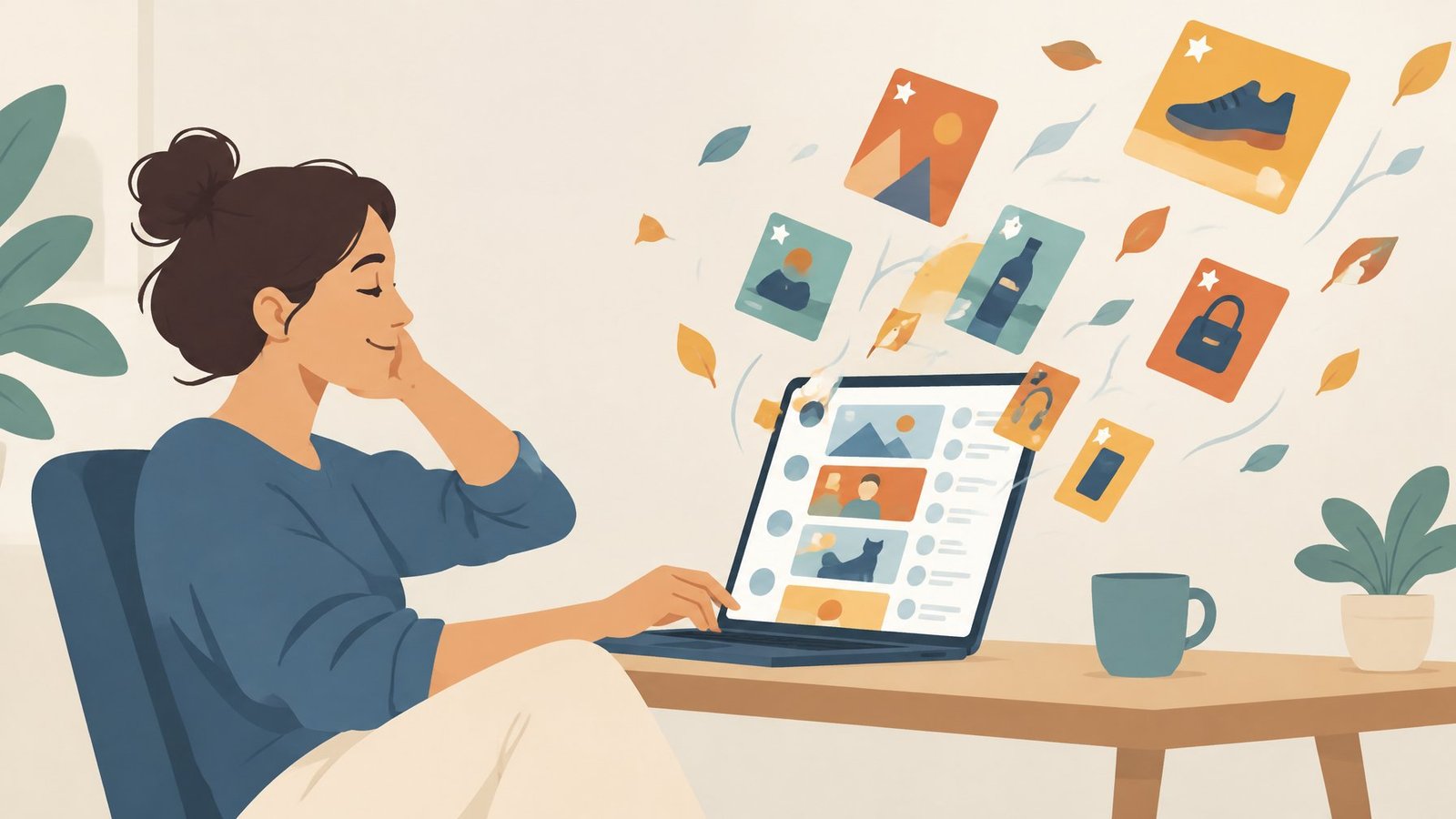 Illustration of a person scrolling a social media feed on a laptop while most of the ads float away, barely changing their posture.