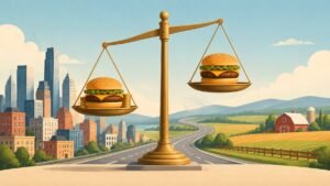 Two identical burgers on a balance scale, one beside a city skyline and one beside farmland.