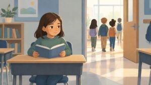 Illustration of a child sitting alone at a classroom desk with a reading book while classmates walk on to the next classroom