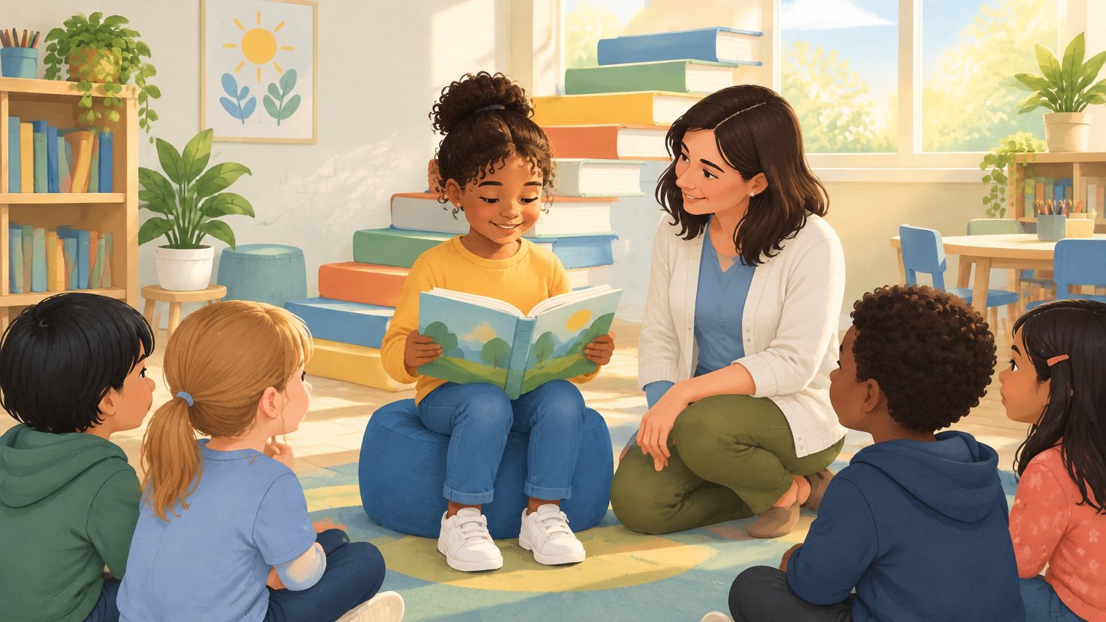 A confident child reads a book in a primary classroom with a teacher kneeling beside them and a staircase of books rising behind.