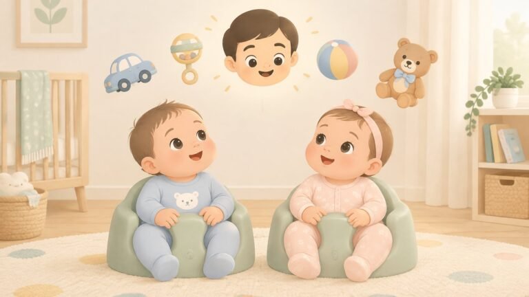Illustration of twin babies looking at a floating face surrounded by toys.
