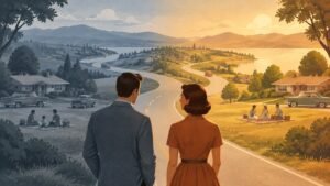 Two people look back at the same road into the past, one seeing it golden and the other in cool grey tones.