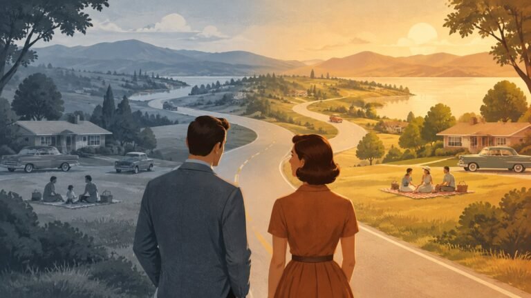 Two people look back at the same road into the past, one seeing it golden and the other in cool grey tones.
