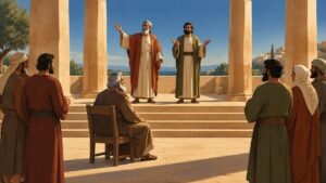 Ancient witnesses standing on a stone step commanding a courtyard while a seated elder listens.