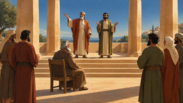 Ancient witnesses standing on a stone step commanding a courtyard while a seated elder listens.