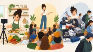 A social media creator goes from filming simple food to being surrounded by unrelated sponsored products as some followers leave.