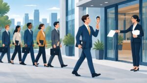 A confident job applicant admires his reflection while walking ahead of an orderly line of candidates toward an office.