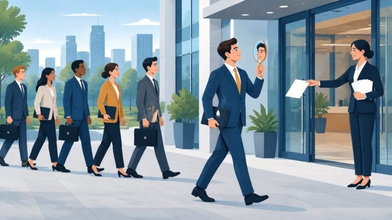 A confident job applicant admires his reflection while walking ahead of an orderly line of candidates toward an office.