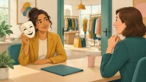 Illustration of a job applicant holding a smiling mask during an interview in a retail store office.