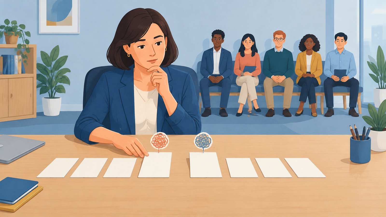 Illustration of a hiring manager hesitating over two application cards marked by tangled threads.