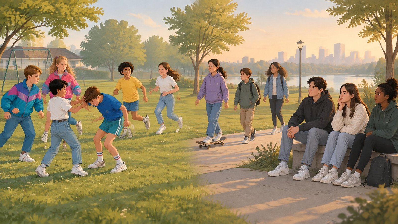 Children from different decades shown side by side with similar overall wellbeing.