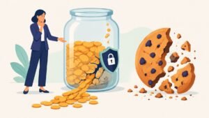 Illustration of a publisher's coin jar draining beside a crumbling cookie while a small shield patches the leak.