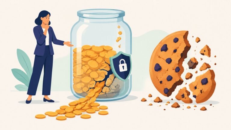 Illustration of a publisher's coin jar draining beside a crumbling cookie while a small shield patches the leak.