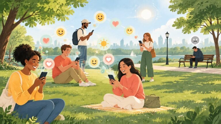 Illustration of friendly people sending colourful smiling bubbles from their phones while one person on a bench looks at a single grey bubble.