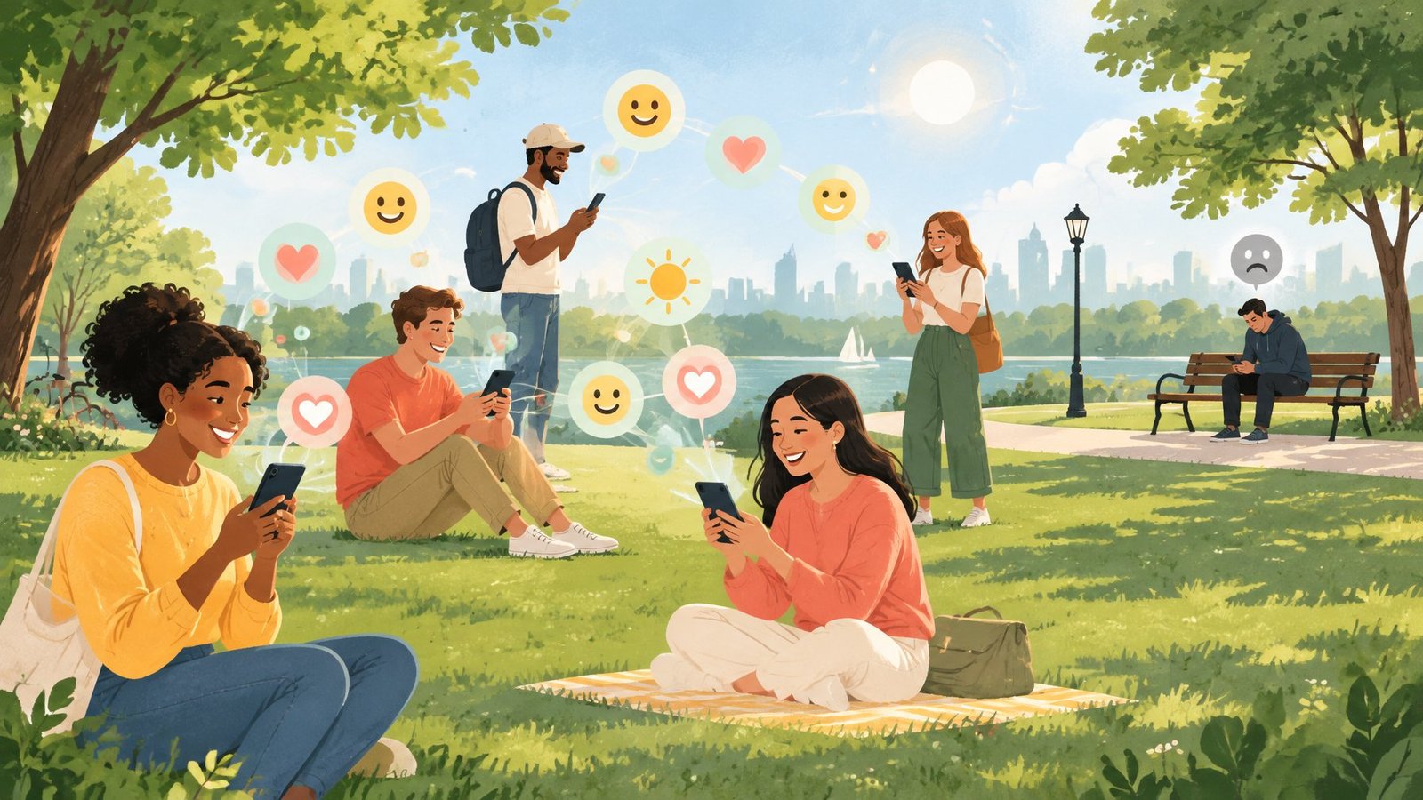 Illustration of friendly people sending colourful smiling bubbles from their phones while one person on a bench looks at a single grey bubble.