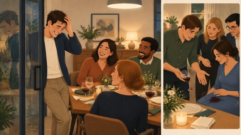 Illustration of a dinner guest laughing at his own small mishap while other guests smile along.
