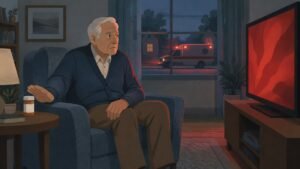 Illustration of an elderly man pushing away his pill bottle while watching an alarming television ad, with an ambulance outside.