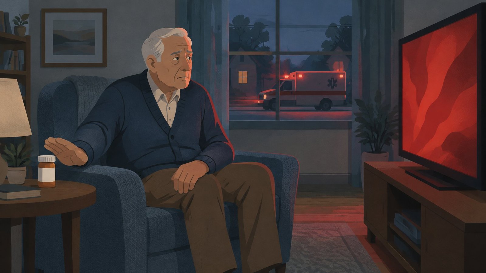 Illustration of an elderly man pushing away his pill bottle while watching an alarming television ad, with an ambulance outside.