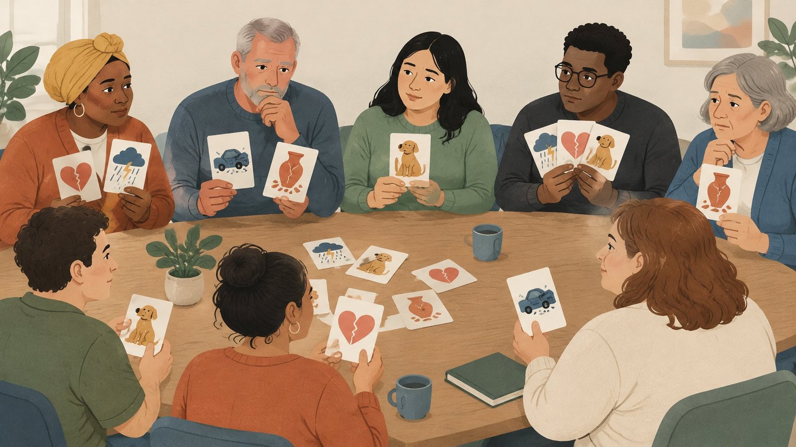 Illustration of adults around a table holding up picture cards of life events, some holding up many more than others.