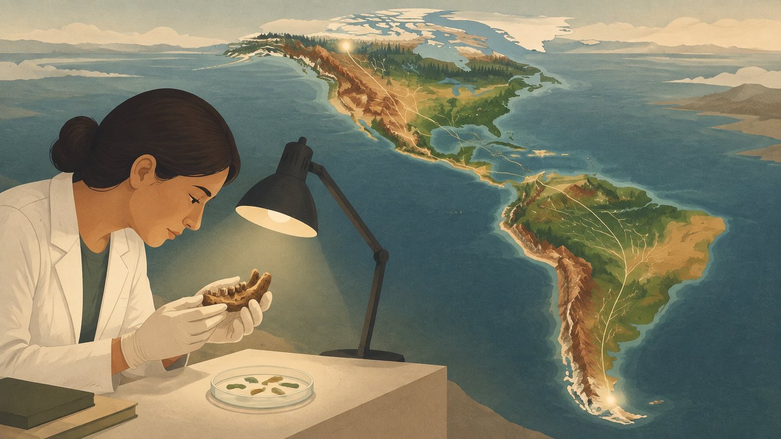 Illustration of the Americas with glowing ancient sites linked by branching lines, and a scientist studying an ancient bone fragment.