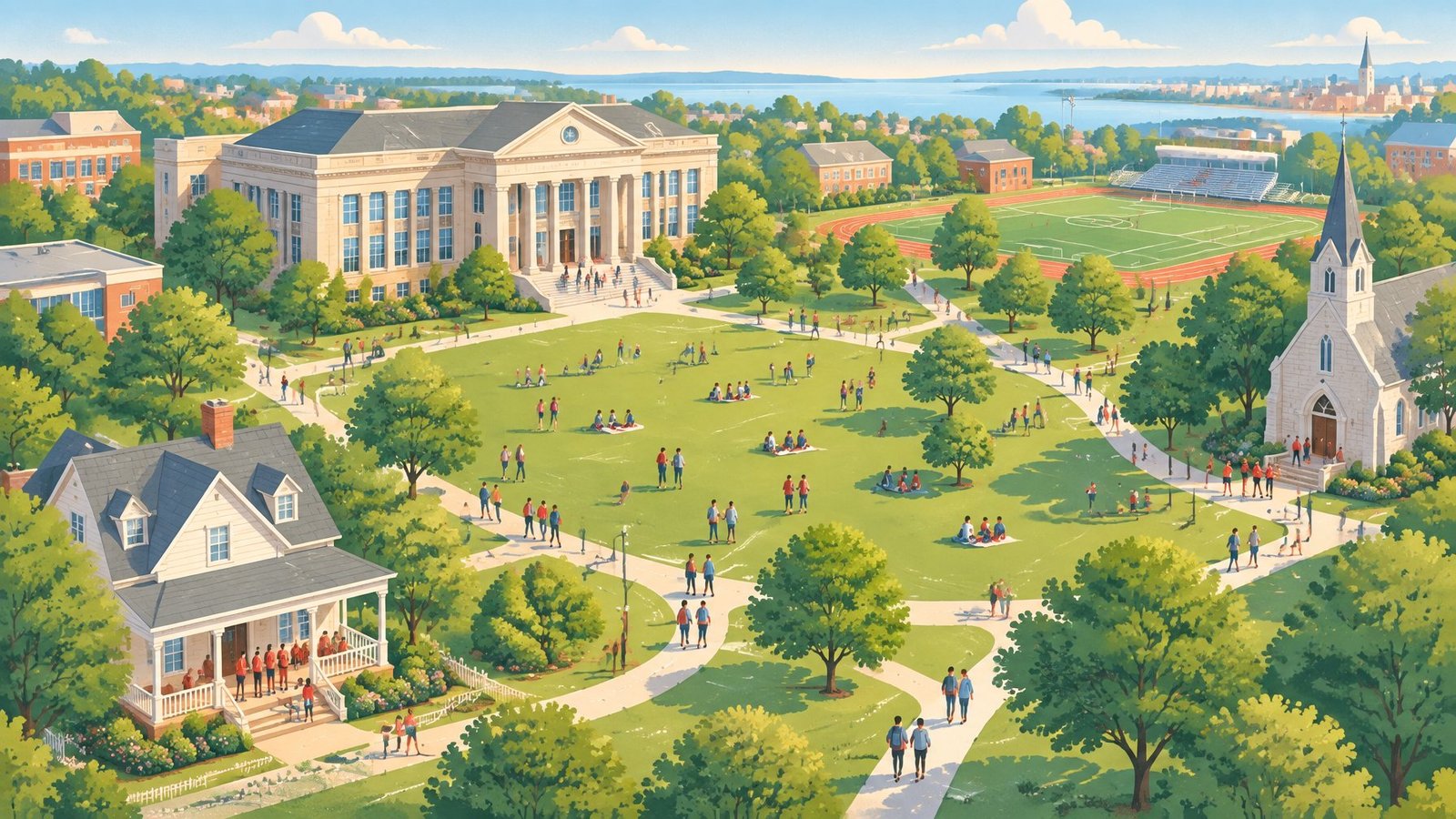 A university campus seen from above, with students in red and blue moving along slightly different paths between buildings.