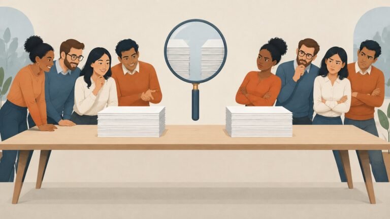Illustration of people reacting warmly to one stack of papers and coldly to an identical stack beside it.