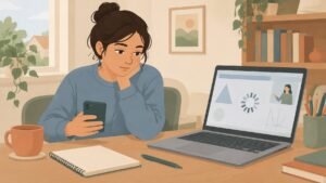 Illustration of a student at a laptop with a loading circle on screen, glancing away at a phone