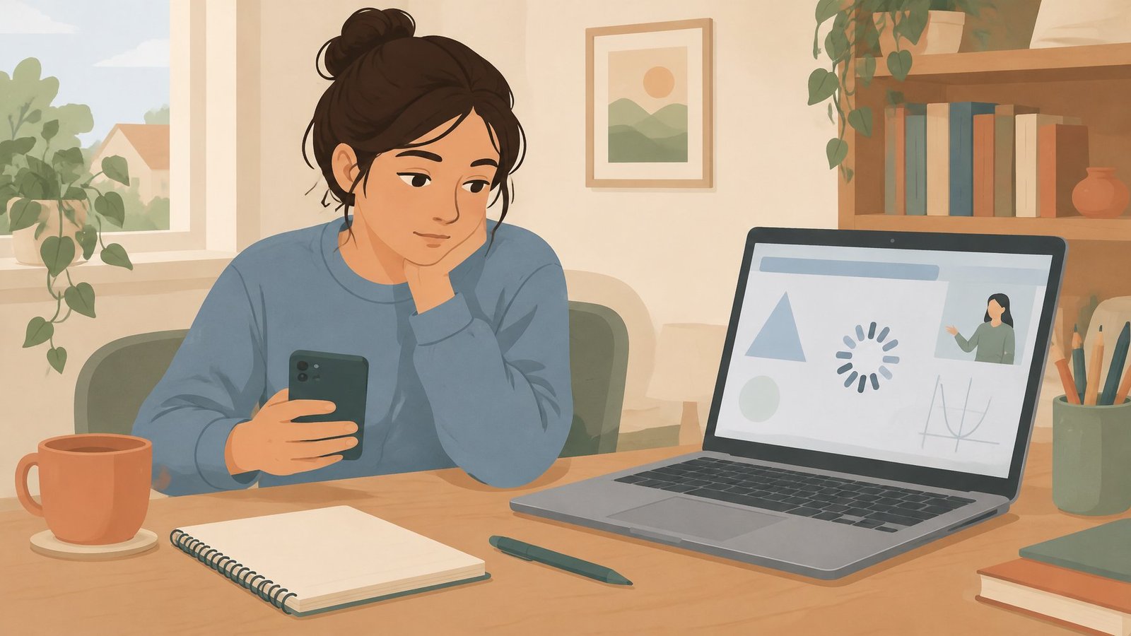 Illustration of a student at a laptop with a loading circle on screen, glancing away at a phone