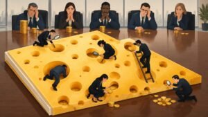 Illustration of tiny lawyers climbing through holes in a Swiss cheese shaped contract and pulling out gold coins.