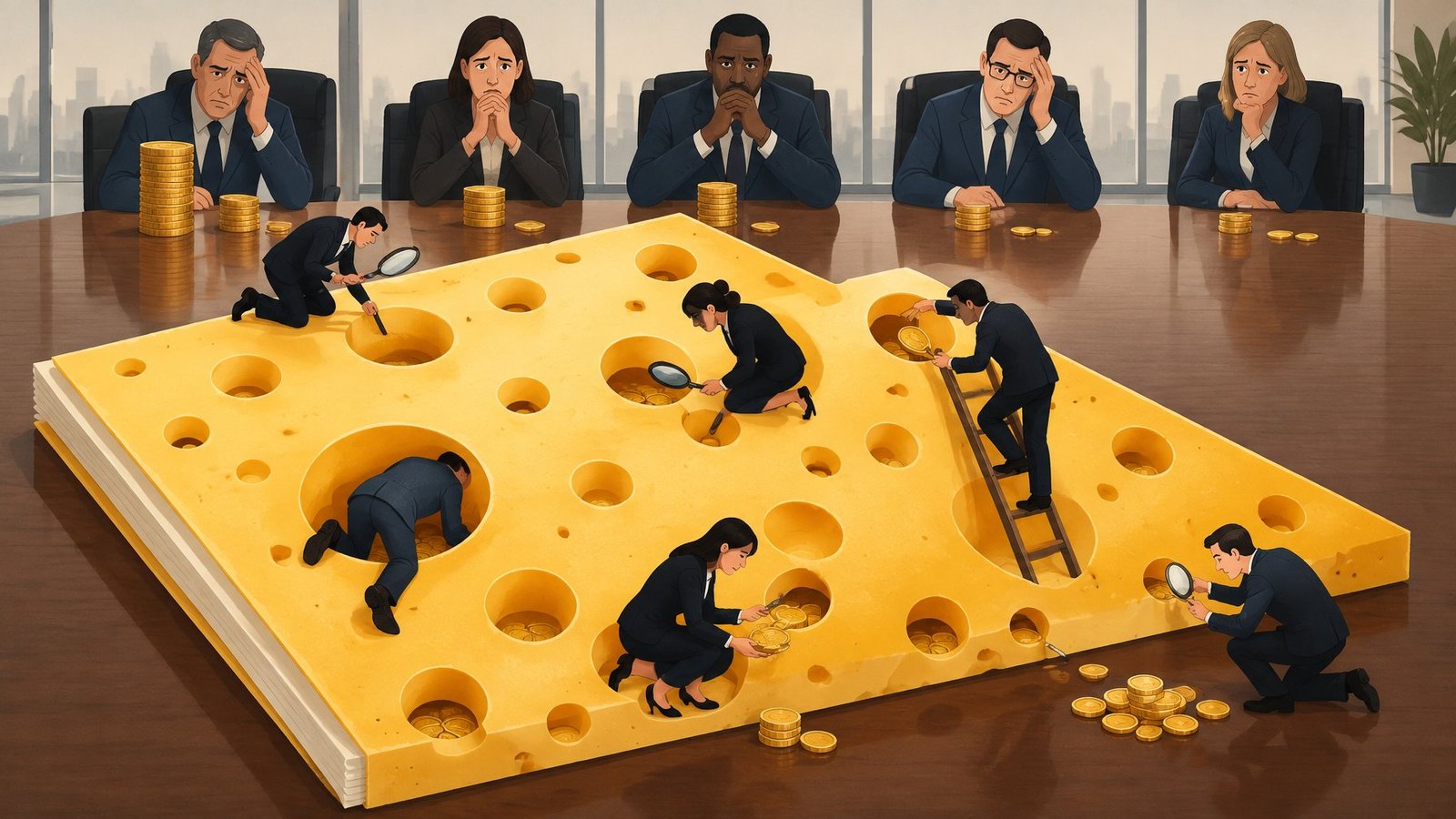 Illustration of tiny lawyers climbing through holes in a Swiss cheese shaped contract and pulling out gold coins.