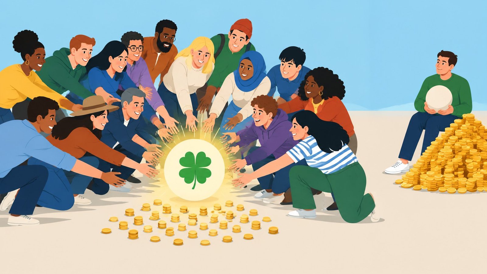 Illustration of many people reaching for the same lucky lottery ball while a pile of coins is split into small shares.