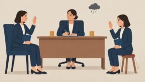 Two identical job candidates ask a hiring manager for more, and only the one on a low stool gets a frown.