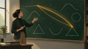 A mathematician at a chalkboard covered in abstract diagrams has a sudden flash of insight, with glowing lines connecting distant sketches.