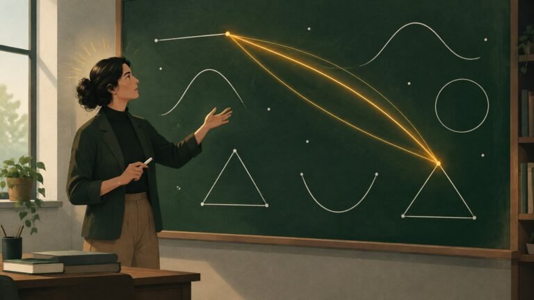 A mathematician at a chalkboard covered in abstract diagrams has a sudden flash of insight, with glowing lines connecting distant sketches.